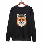 Gentleman Fox Printed Casual Loose Round Neck Sweatshirt Print On Your Demand, Size:XS(Black)