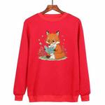 Reading Fox Printed Casual Loose Round Neck Sweatshirt Print On Your Demand, Size:XS(Red)