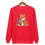 Reading Fox Printed Casual Loose Round Neck Sweatshirt Print On Your Demand, Size:S(Red)