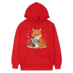 Reading Fox Printed Fleece Hooded Sweatshirt Print On Your Demand, Size:XS(Red)
