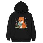 Reading Fox Printed Fleece Hooded Sweatshirt Print On Your Demand, Size:XL(Black)