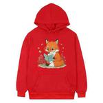 Reading Fox Printed Fleece Hooded Sweatshirt Print On Your Demand, Size:XXL(Red)