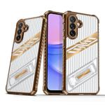 For Samsung Galaxy A14 Plating Holder PC Hybrid TPU Phone Case(Desert Gold)