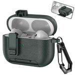 For AirPods Pro 2 Leather Texture Wireless Earphones Case with Hook & Holder(Army Green)