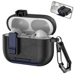 For AirPods Pro Leather Texture Wireless Earphones Case with Hook & Holder(Black Dark Blue)
