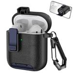 For AirPods 1 / 2 Leather Texture Wireless Earphones Case with Hook & Holder(Black Dark Blue)