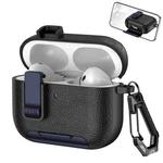 For AirPods Pro 3 Leather Texture Wireless Earphones Case with Hook & Holder(Black Dark Blue)