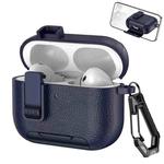 For AirPods Pro 3 Leather Texture Wireless Earphones Case with Hook & Holder(Dark Blue)