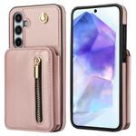 For Samsung Galaxy A55 5G YM006 Skin Feel Zipper Card Bag Phone Case with Dual Lanyard(Rose Gold)