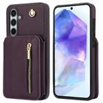 For Samsung Galaxy A55 5G YM006 Skin Feel Zipper Card Bag Phone Case with Dual Lanyard(Dark Purple)