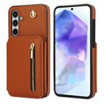 For Samsung Galaxy A55 5G YM006 Skin Feel Zipper Card Bag Phone Case with Dual Lanyard(Brown)