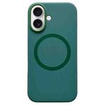 For iPhone 16 Metal Frame Liquid Silicone MagSafe Phone Case(Deep Green)