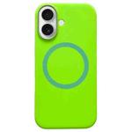 For iPhone 16 Metal Frame Liquid Silicone MagSafe Phone Case(Fluorescent Green)