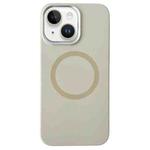 For iPhone 14 / 13 Metal Frame Liquid Silicone MagSafe Phone Case(Milk Tea White)