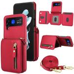 For Samsung Galaxy Z Flip4 Crossbody Zipper Dual Buckle Card Bag Folding Phone Case(Red)