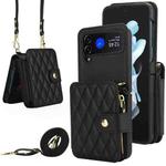 For Samsung Galaxy Z Flip4 Crossbody Rhombus Wallet Bag Folding Phone Case with Lanyard(Black)