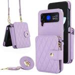 For Samsung Galaxy Z Flip3 Crossbody Rhombus Wallet Bag Folding Phone Case with Lanyard(Light Purple)