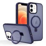 For iPhone 12 Skin-feel Ring MagSafe Holder Phone Case(Dark Blue)