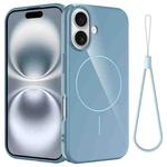 For iPhone 16 Glossy TPU Shockproof MagSafe Phone Case with Lanyard(Blue)