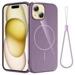 For iPhone 15 Plus Glossy TPU Shockproof MagSafe Phone Case with Lanyard(Purple)