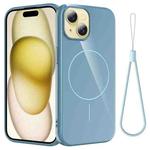 For iPhone 15 Glossy TPU Shockproof MagSafe Phone Case with Lanyard(Blue)