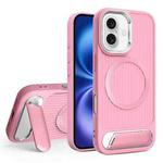 For iPhone 16 Plus Vertical Lines Invisible Flat Holder MagSafe Phone Case(Pink)