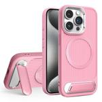 For iPhone 15 Pro Vertical Lines Invisible Flat Holder MagSafe Phone Case(Pink)