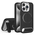 For iPhone 15 Pro Vertical Lines Invisible Flat Holder MagSafe Phone Case(Black)