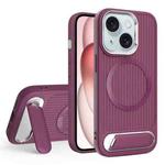 For iPhone 15 Vertical Lines Invisible Flat Holder MagSafe Phone Case(Wine Red)