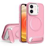 For iPhone 12 Vertical Lines Invisible Flat Holder MagSafe Phone Case(Pink)