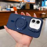 For iPhone 16 Plus Lens Frame Holder Blade MagSafe Phone Case(Dark Blue)