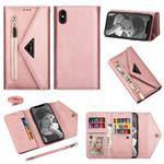 For iPhone XS / X Skin Feel Zipper Horizontal Flip Leather Case with Holder & Card Slots & Photo Frame & Lanyard & Long Rope(Rose Gold)