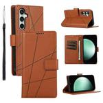 For Samsung Galaxy S25 FE 5G PU Genuine Leather Texture Embossed Line Phone Case(Brown)
