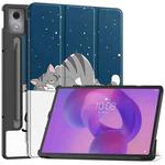 For Lenovo Idea Tab Pro Custer Painted 3-Fold Holder Leather Smart Tablet Case(Lazy Cat)
