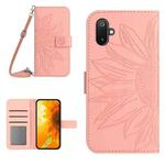 For Samsung Galaxy F06 5G / M06 5G Skin Feel Sun Flower Embossed Flip Leather Phone Case with Lanyard(Pink)