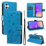 For Samsung Galaxy A07 5G Cat and Bee Embossed Flip Leather Phone Case(Blue)