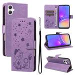 For Samsung Galaxy A07 5G Cat and Bee Embossed Flip Leather Phone Case(Purple)