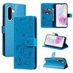 For Samsung Galaxy A56 5G Cat and Bee Embossed Flip Leather Phone Case(Blue)