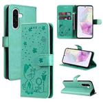 For Samsung Galaxy A56 5G Cat and Bee Embossed Flip Leather Phone Case(Green)