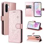 For Samsung Galaxy A56 5G Cat and Bee Embossed Flip Leather Phone Case(Rose Gold)