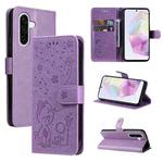 For Samsung Galaxy A56 5G Cat and Bee Embossed Flip Leather Phone Case(Purple)