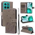 For Honor X8c 4G Global Cat and Bee Embossed Flip Leather Phone Case(Grey)