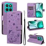 For Honor X8c 4G Global Cat and Bee Embossed Flip Leather Phone Case(Purple)