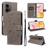For Honor 400 Global 156.5mm Cat and Bee Embossed Flip Leather Phone Case(Grey)