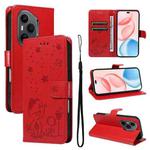 For Honor 400 Pro Global 160.8mm Cat and Bee Embossed Flip Leather Phone Case(Red)