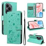 For Honor 400 Pro Global 160.8mm Cat and Bee Embossed Flip Leather Phone Case(Green)