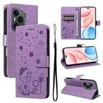 For Honor 400 Pro Global 160.8mm Cat and Bee Embossed Flip Leather Phone Case(Purple)