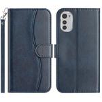 For Motorola Moto E32 Dual-Folded S-shape Leather Phone Case(Navy Blue)