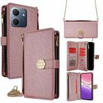 For OPPO A5x 5G Global Crossbody Handle Cross Texture Leather Phone Case(Rose Gold)