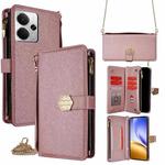For Realme 14 5G Global Crossbody Handle Cross Texture Leather Phone Case(Rose Gold)